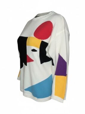 Vintage 90s Abstract Face Sweater Large Colorblock Artsy Picasso Style Knit